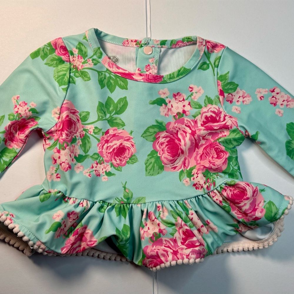 Girls Mud Pie 12/18M Swim top Swim Shirt Roses & Turquoise